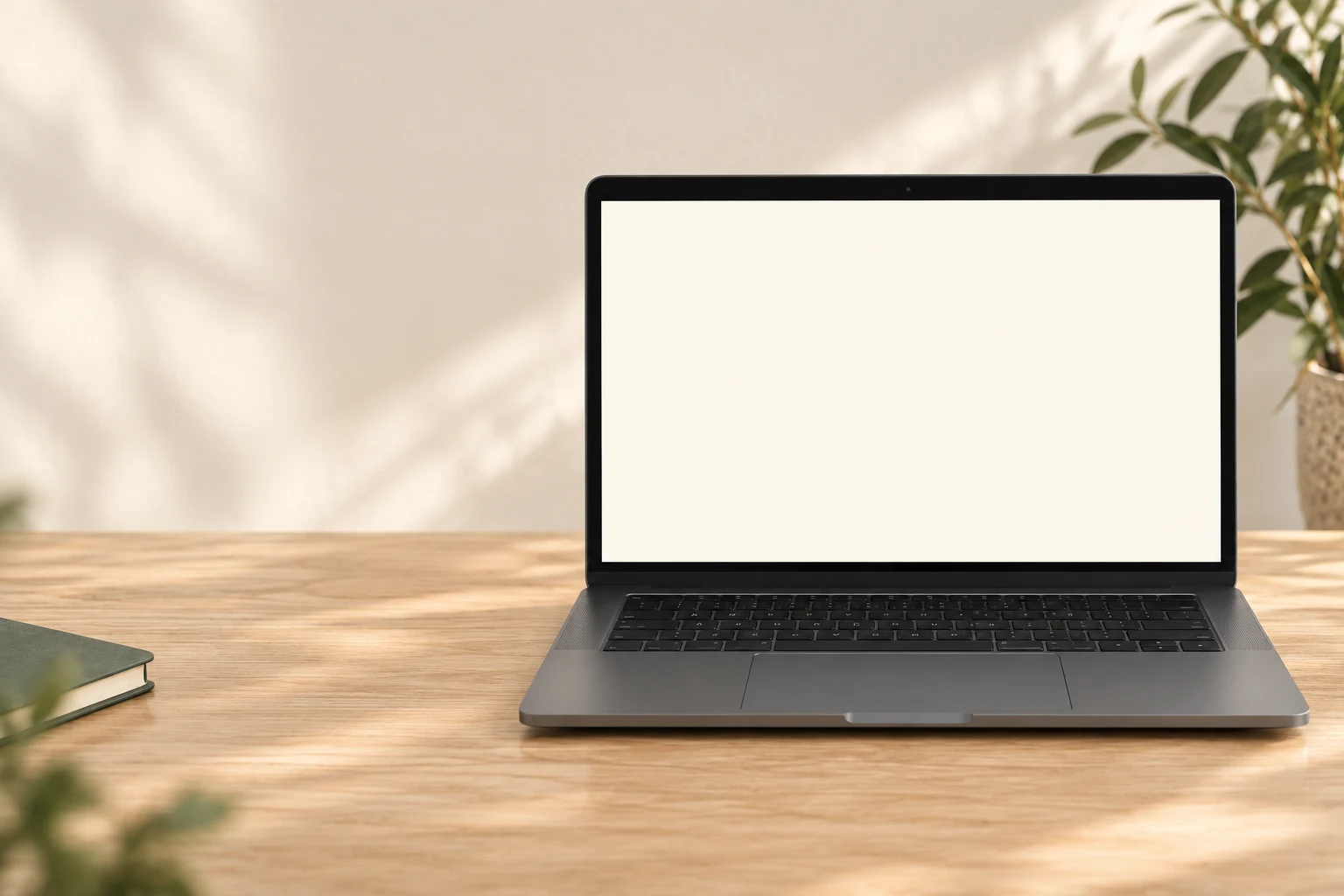 A front-facing laptop resting on a wooden table in a softly lit room