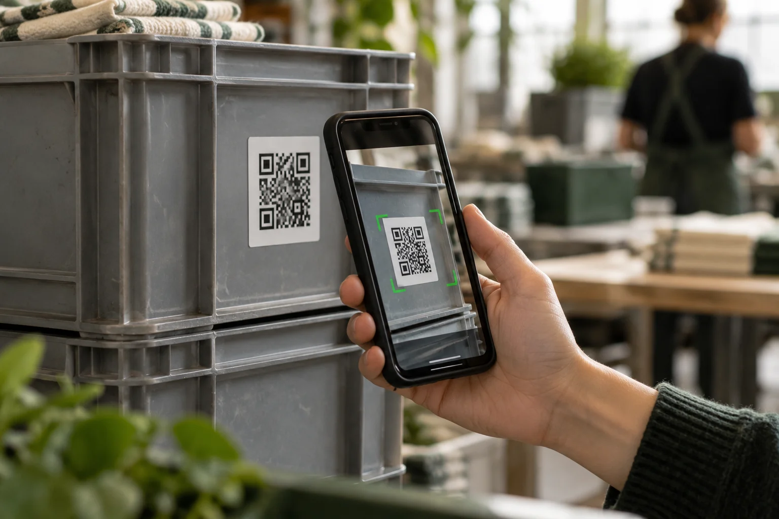 Temporary illustration of a phone scanning a QR label on a harvest container
